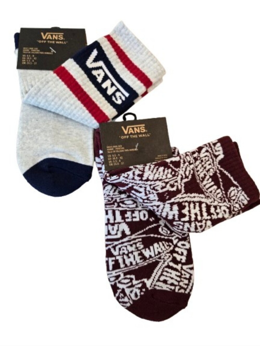 Vans Crew Socks 2 Pairs Retro Gray Navy Red and Maroon Graphic Size Large 6.5-9